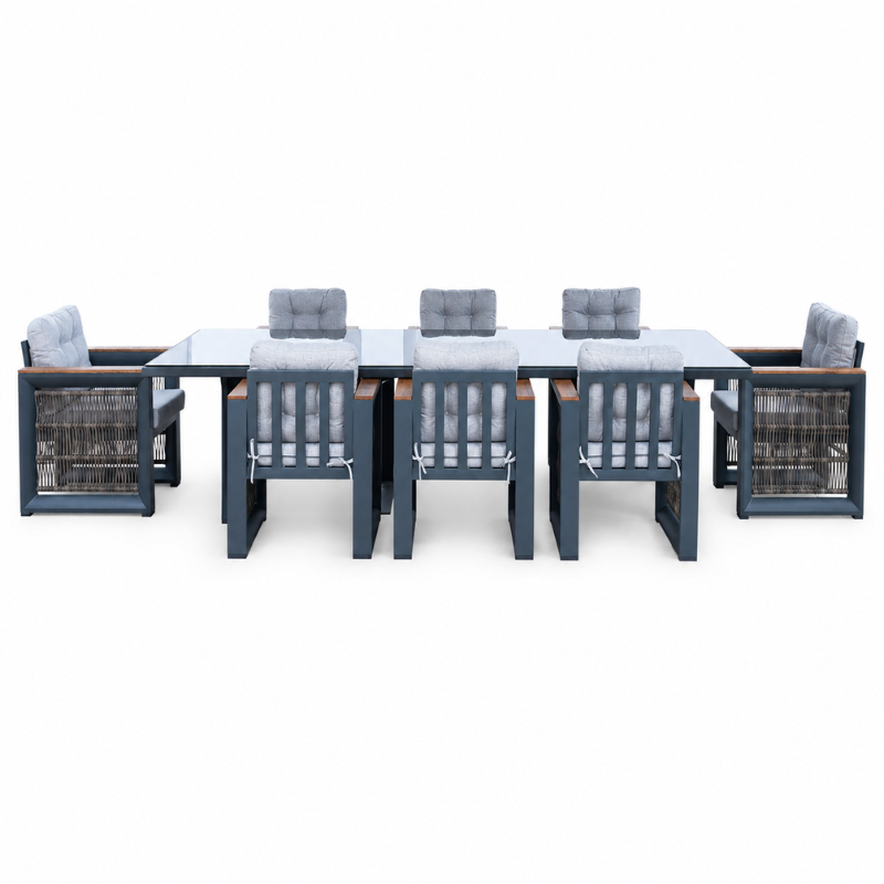 SET KOPSHTI ZONA TAVOLINE ME XHAM + 8 KARRIGE HIRI 320X120