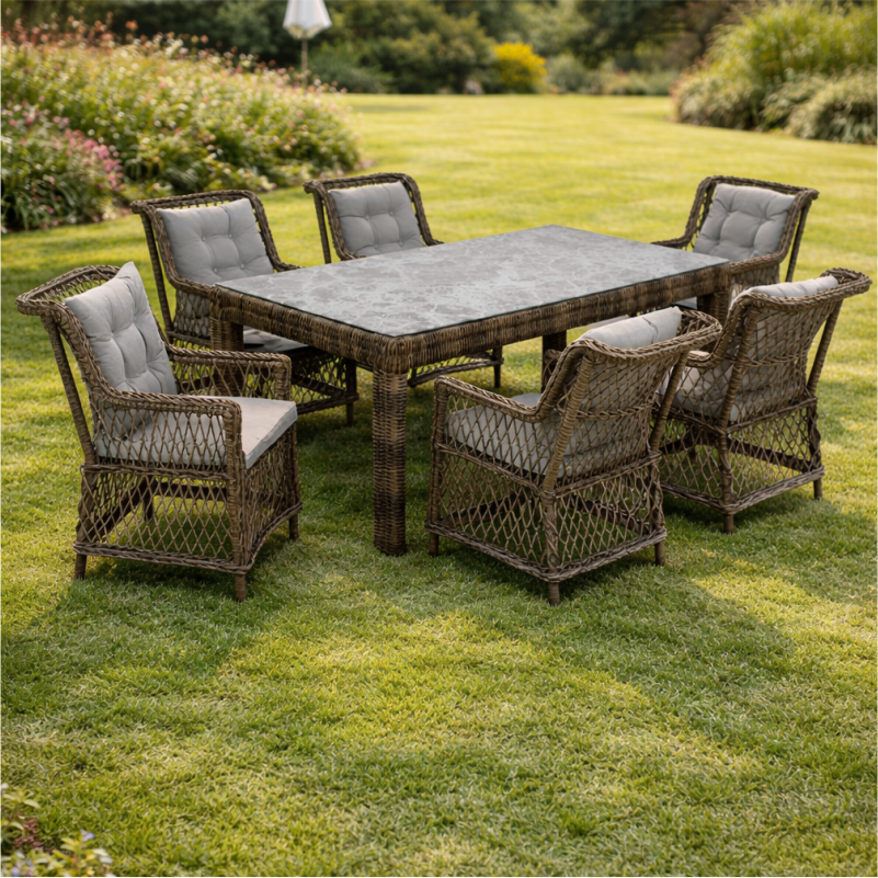 SET KOPSHTI ROZA RIO TAVOLINE 240X120CM  + 8 KARRIGE BROWN