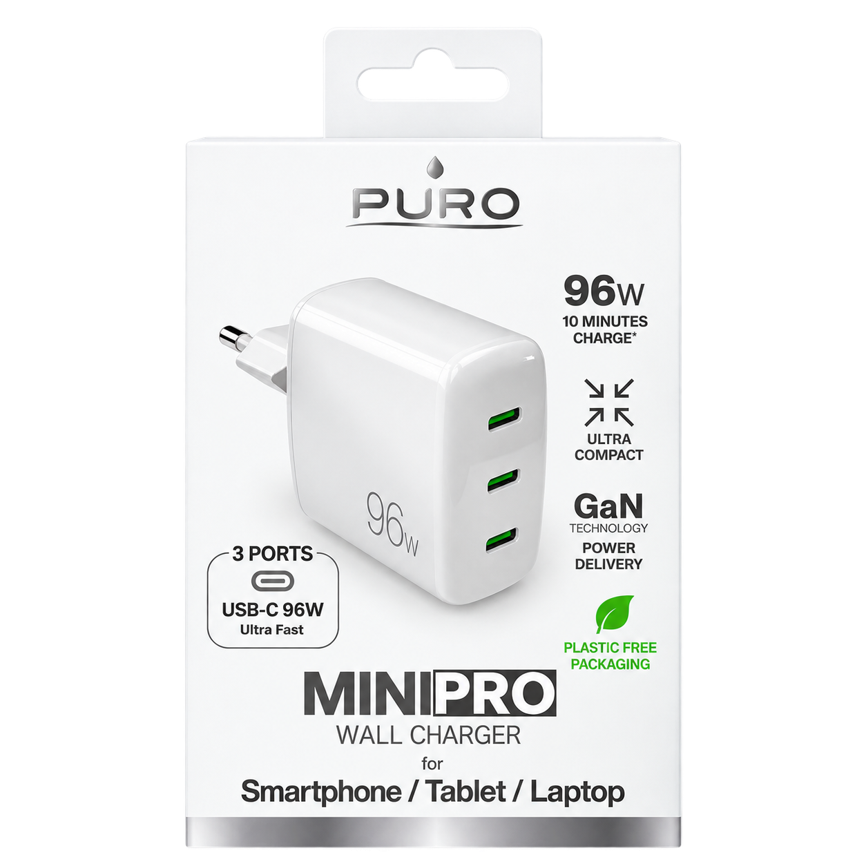 Puro GaN Wall Charger with 3 USB-C ports, 96W, white
